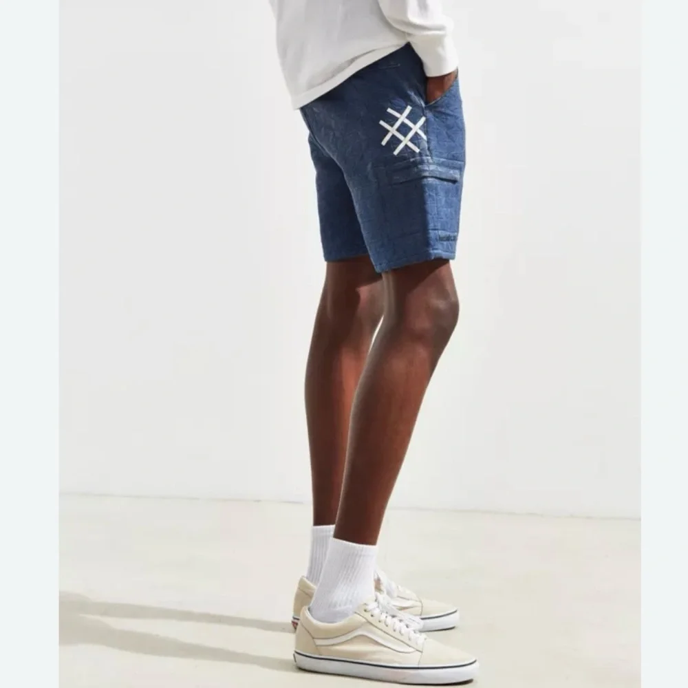 Urban Outfitters Lucid FC Denim Shorts Mens XL Blue Quilted Embroidery Logo NWOT